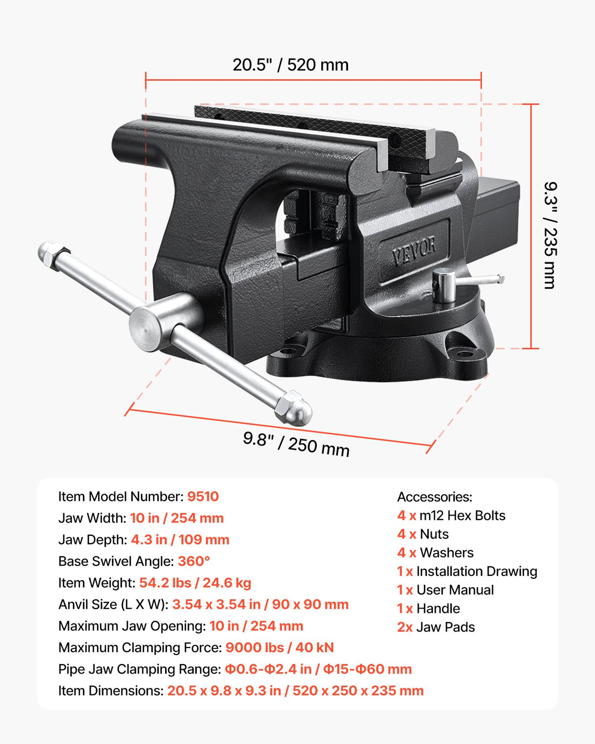Heavy Duty Bench Vise, 254 mm Jaw Width, Multi-Purpose Ductile Iron Bench Vise with Anvil and 360-Degree Locking Swivel Base, 109 mm Throat Depth, 254 mm Jaw Opening, for Drilling, Pipe Cutting