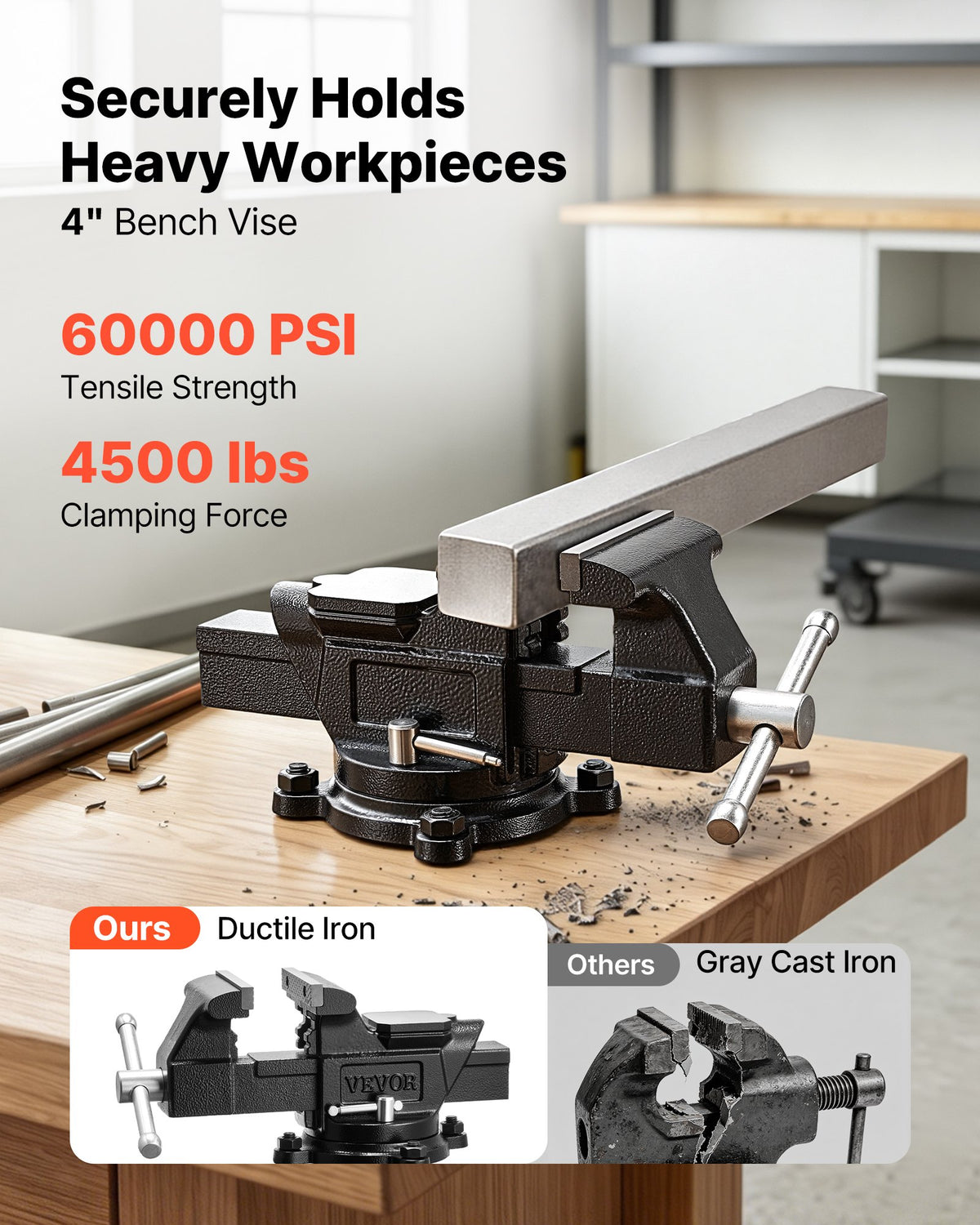 Heavy Duty Bench Vise, 100 mm Jaw Width, Multi-Purpose Ductile Iron Bench Vise with Anvil and 360-Degree Locking Swivel Base, 57 mm Throat Depth, 120 mm Jaw Opening, for Drilling, Pipe Cutting