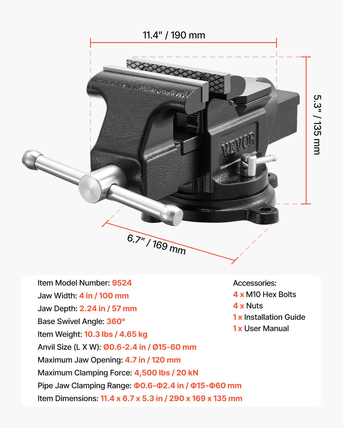 Heavy Duty Bench Vise, 100 mm Jaw Width, Multi-Purpose Ductile Iron Bench Vise with Anvil and 360-Degree Locking Swivel Base, 57 mm Throat Depth, 120 mm Jaw Opening, for Drilling, Pipe Cutting