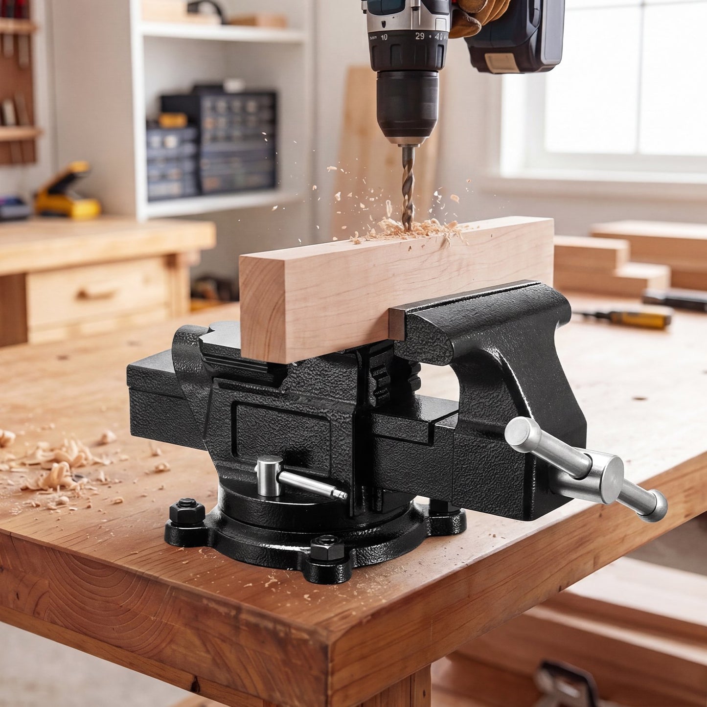 Heavy Duty Bench Vise, 100 mm Jaw Width, Multi-Purpose Ductile Iron Bench Vise with Anvil and 360-Degree Locking Swivel Base, 57 mm Throat Depth, 120 mm Jaw Opening, for Drilling, Pipe Cutting
