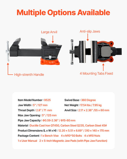 VEVOR 127 mm Bench Vise Multipurpose Heavy Duty Ductile Iron Swivel Locking Base