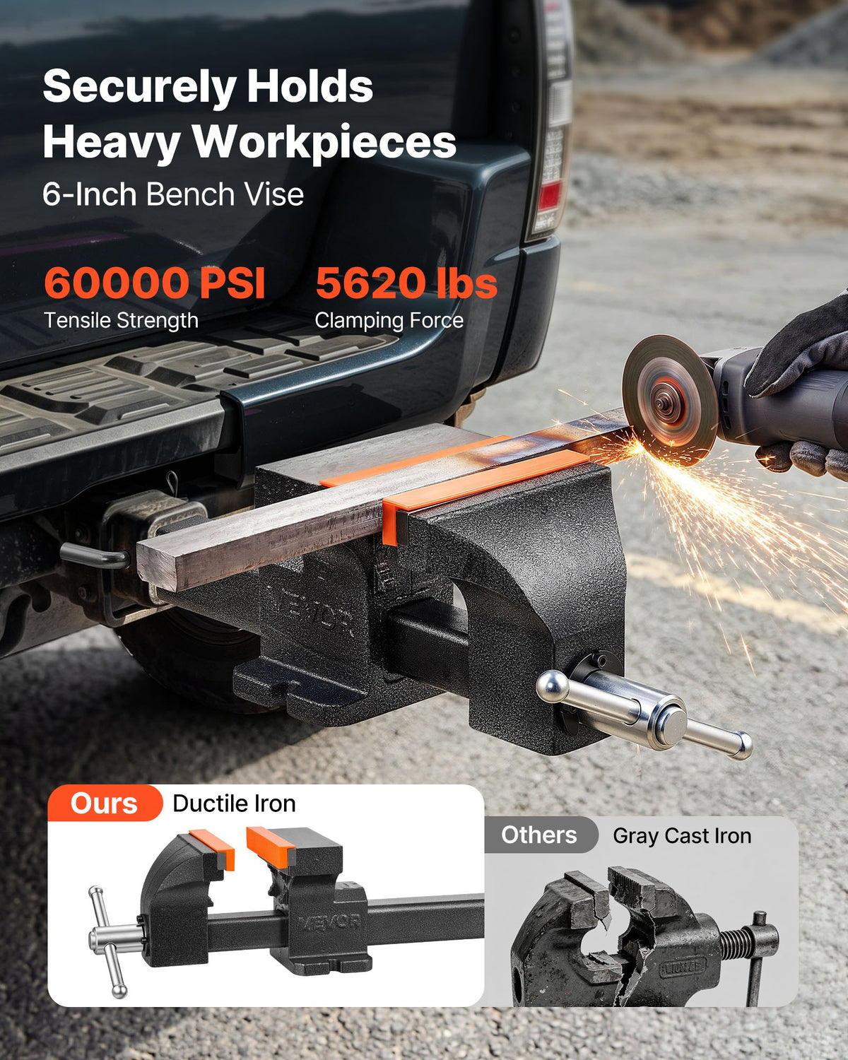 Truck Hitch Vise, 150 mm Jaw Width, Heavy Duty Ductile Iron Bench Vise with Anvil, 1 Pair Magnetic Jaw Pads, 90 mm Throat Depth, 150 mm Max Jaw Opening, Multi-Purpose, for Truck Trailer Receiver
