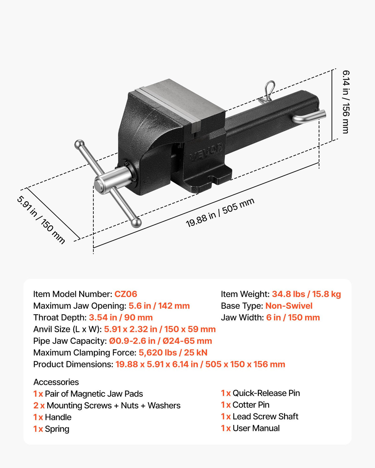 Truck Hitch Vise, 150 mm Jaw Width, Heavy Duty Ductile Iron Bench Vise with Anvil, 1 Pair Magnetic Jaw Pads, 90 mm Throat Depth, 150 mm Max Jaw Opening, Multi-Purpose, for Truck Trailer Receiver