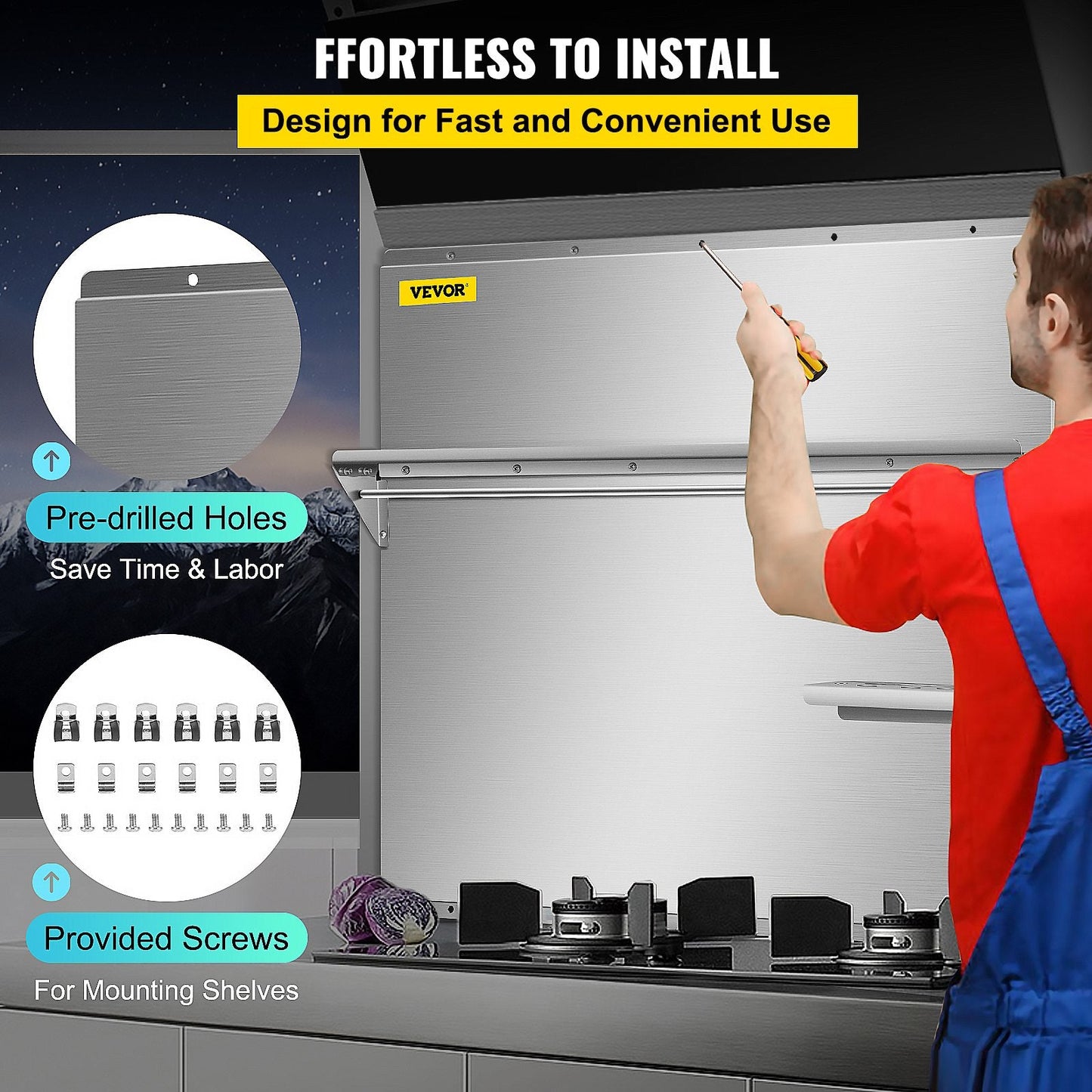 Stainless Steel Range Backsplash with Shelf, 0.91 x 0.75 m, Easy to Clean
