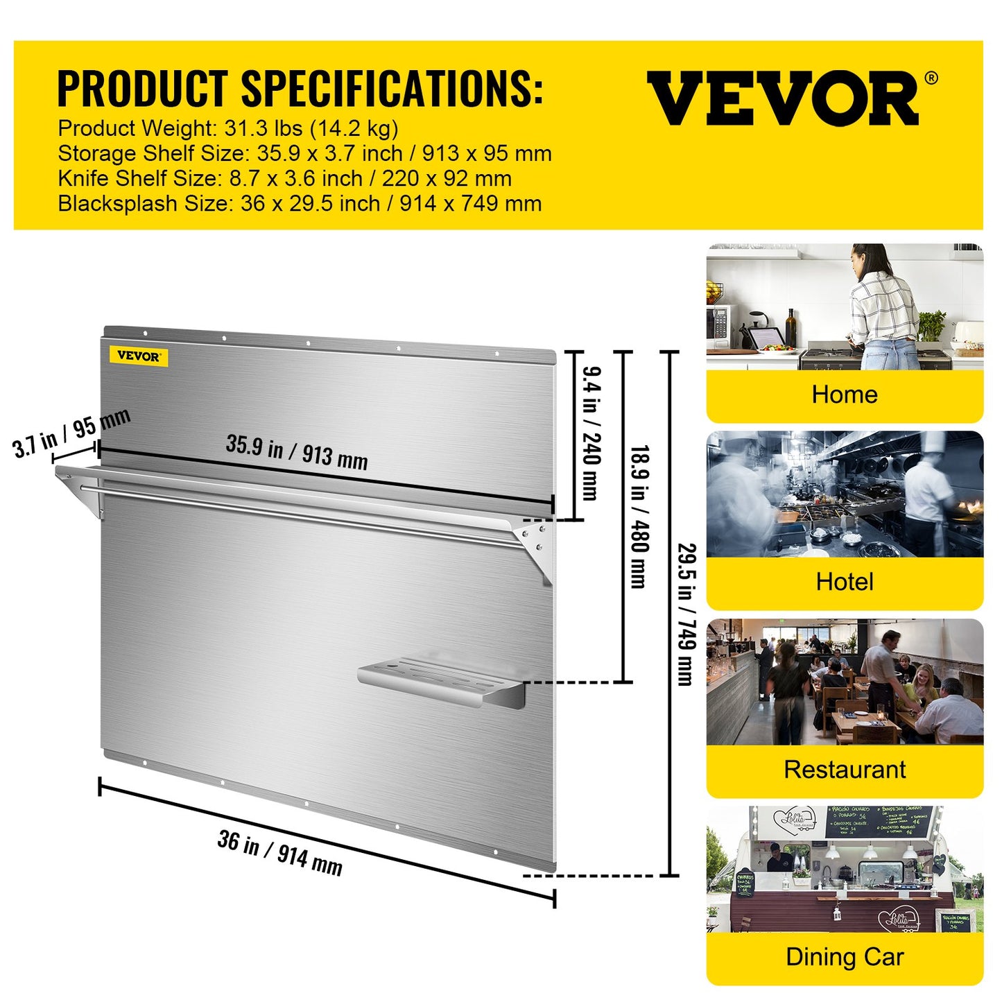 VEVOR Range Backsplash with Shelf, Stainless Steel Backsplash, 36 x 29.5 inch