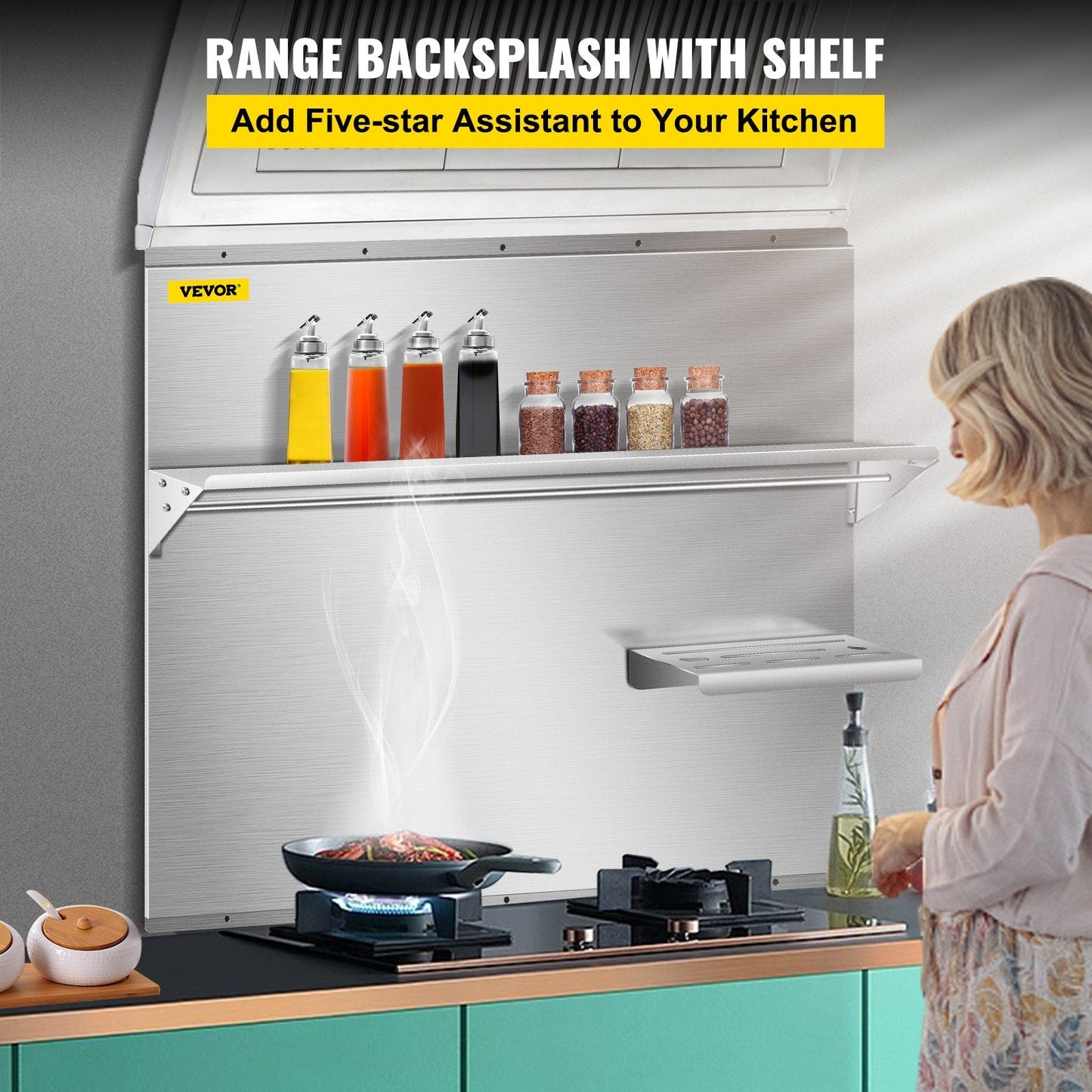 Stainless Steel Range Hood Backsplash with Shelf and Rack, 0.91 x 0.78 m