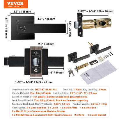 VEVOR Entry Lever Door Handle, 1 PC Black Entry Knob, Lock and Key Locking Lever