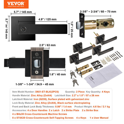 VEVOR Entry Lever Door Handle 2PCS Black Entry Knob Lock and Key Locking Lever