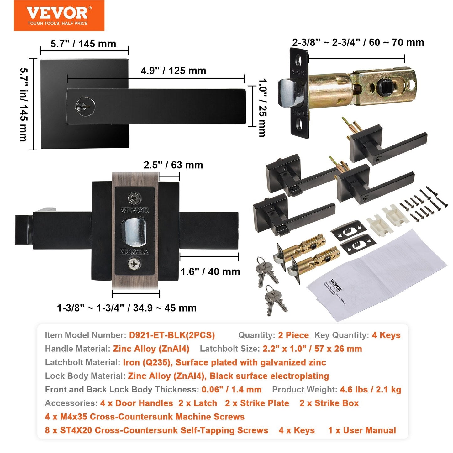 Black Door Handle Set with Key Lock, Universal Fit, 2 Pieces, 2.1 kg