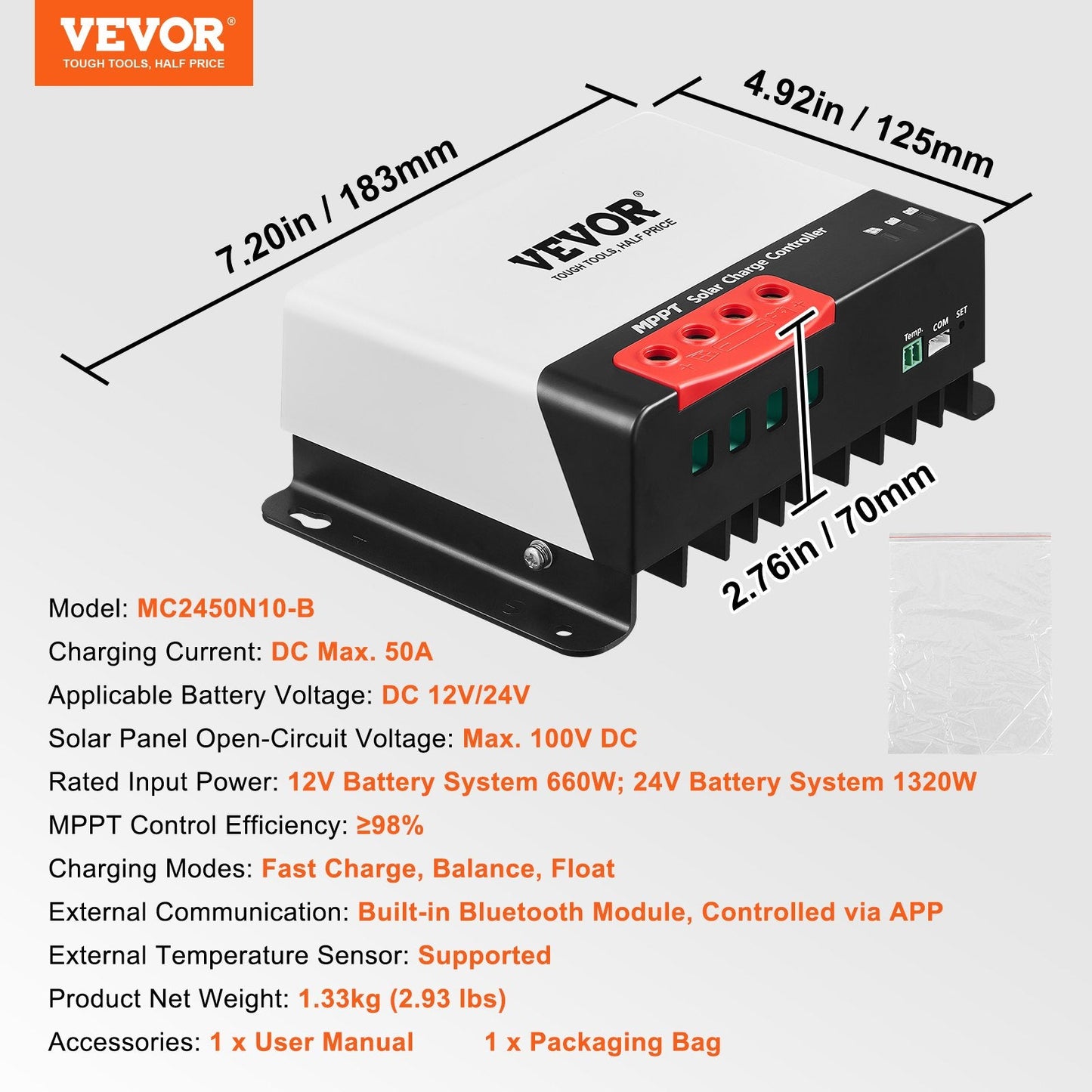 50A MPPT Solar Charge Controller with Bluetooth & 98% Efficiency, 12V/24V Auto