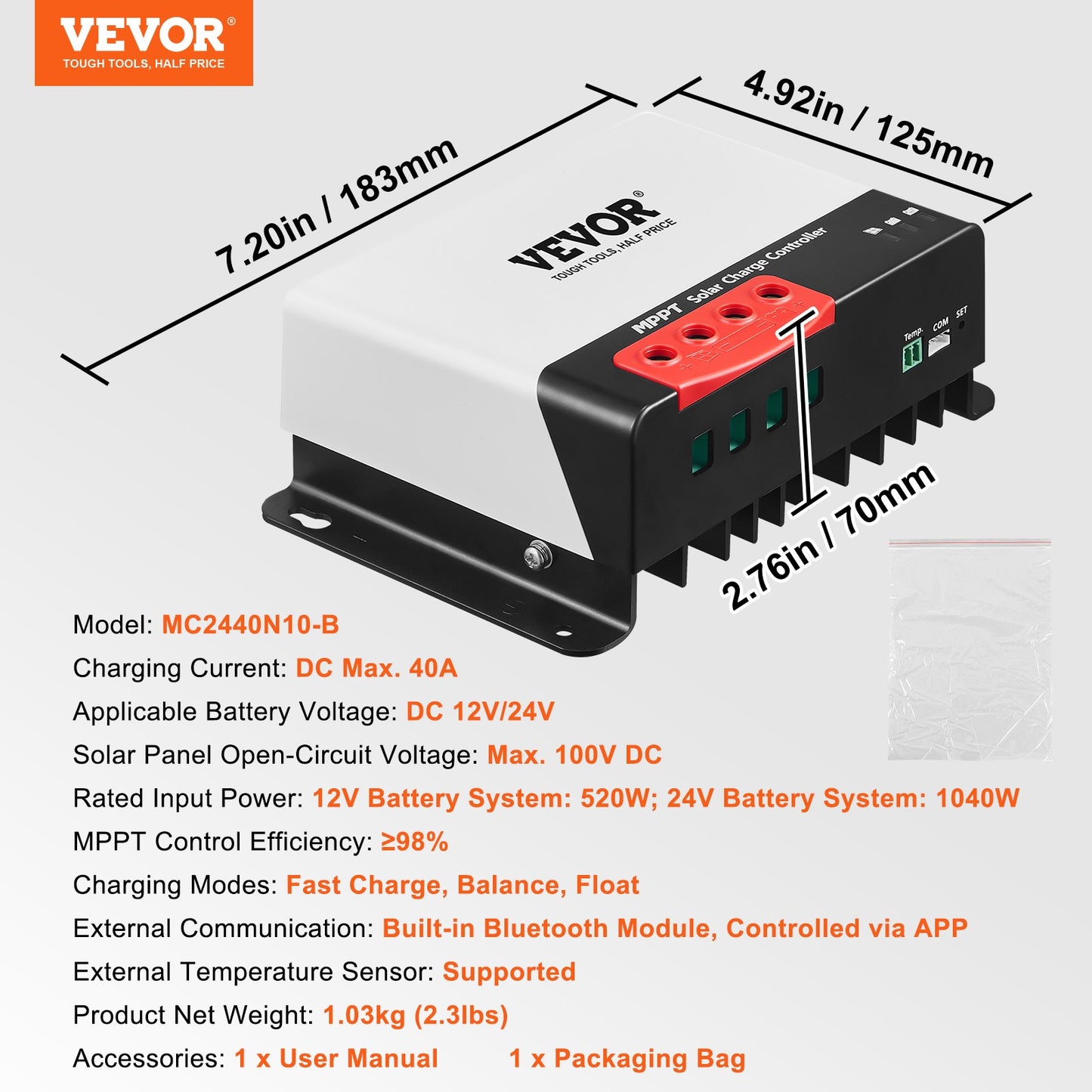 VEVOR 40A MPPT Solar Charge Controller, Auto DC Input, Solar Panel Regulator Charger