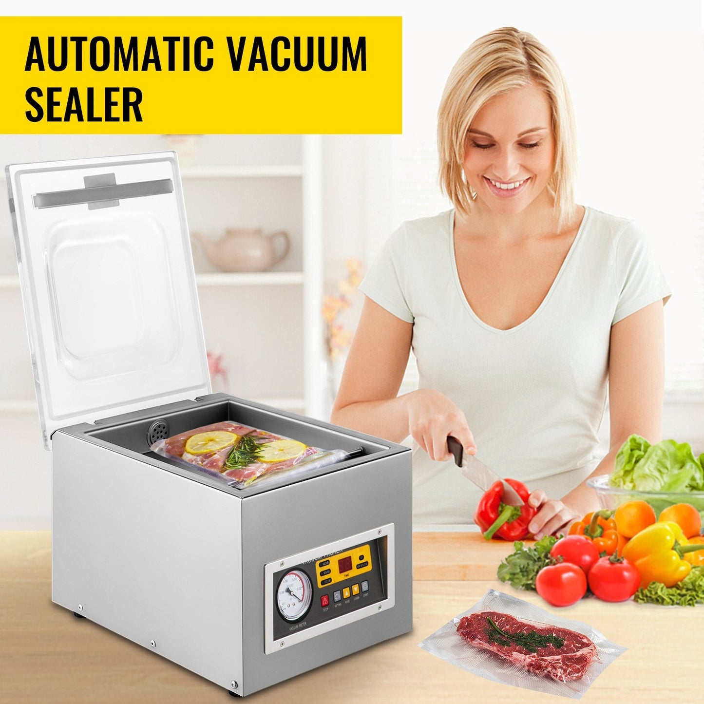 Commercial Vacuum Chamber Sealer, 120W, 0.26m Sealing Bar, Stainless Steel
