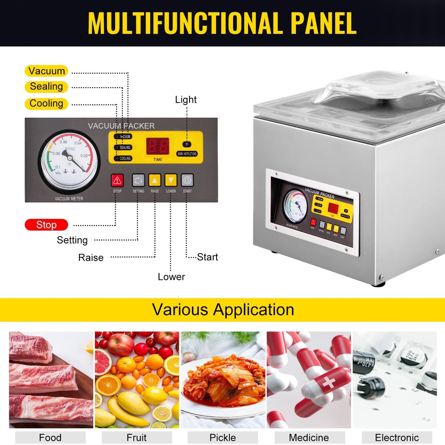 Commercial Vacuum Chamber Sealer, 120W, 0.26m Sealing Bar, Stainless Steel