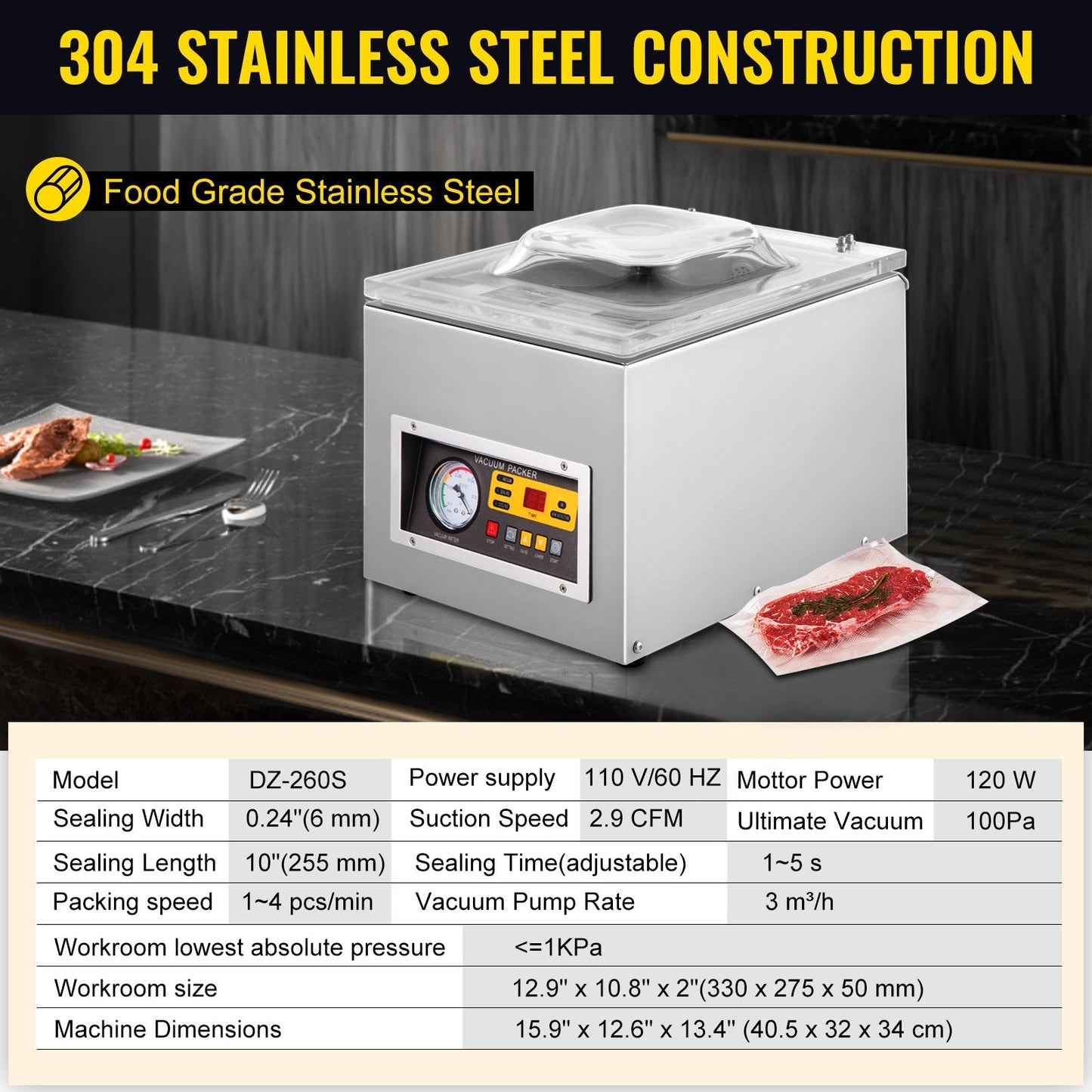Commercial Vacuum Chamber Sealer, 120W, 0.26m Sealing Bar, Stainless Steel
