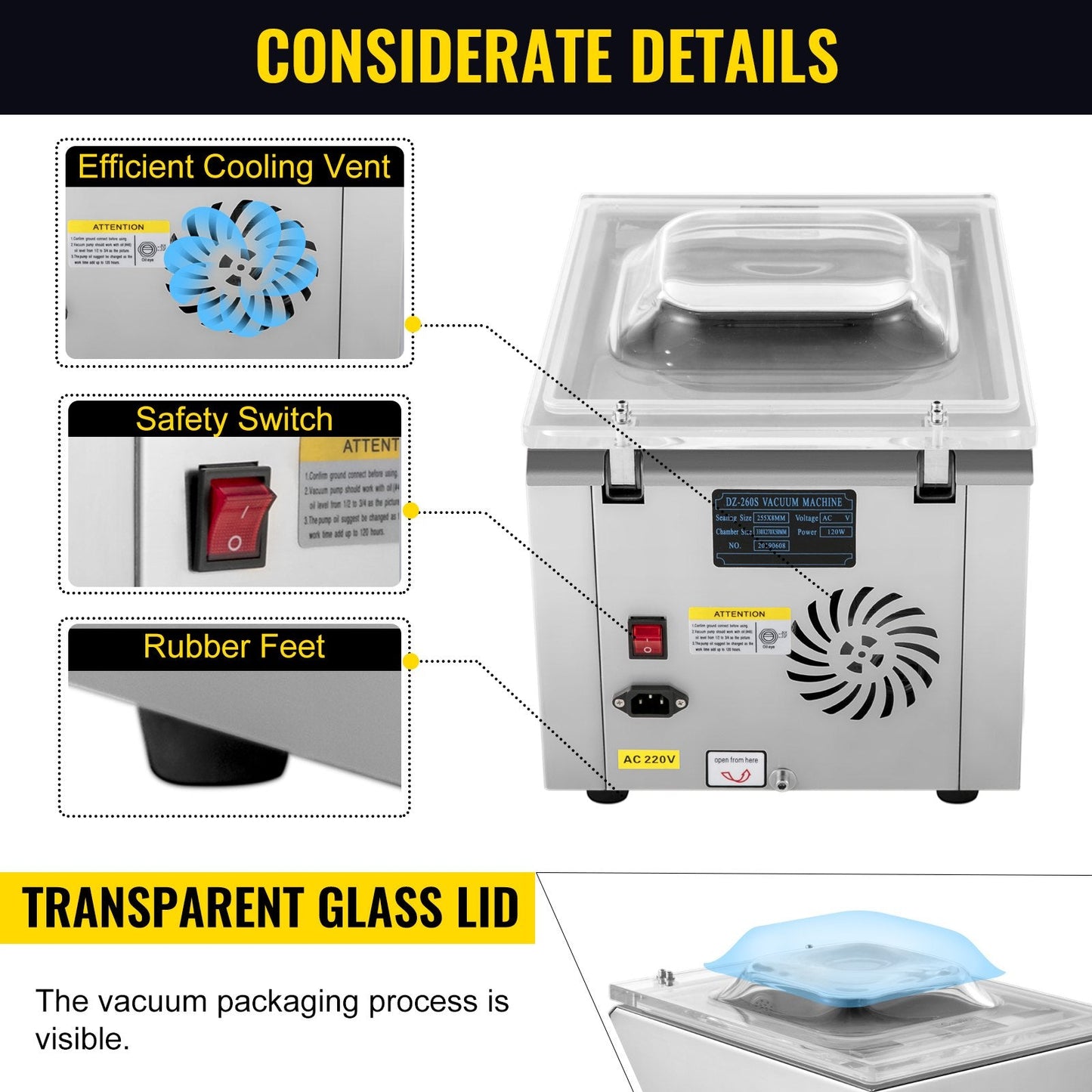 Commercial Vacuum Chamber Sealer, 120W, 0.26m Sealing Bar, Stainless Steel