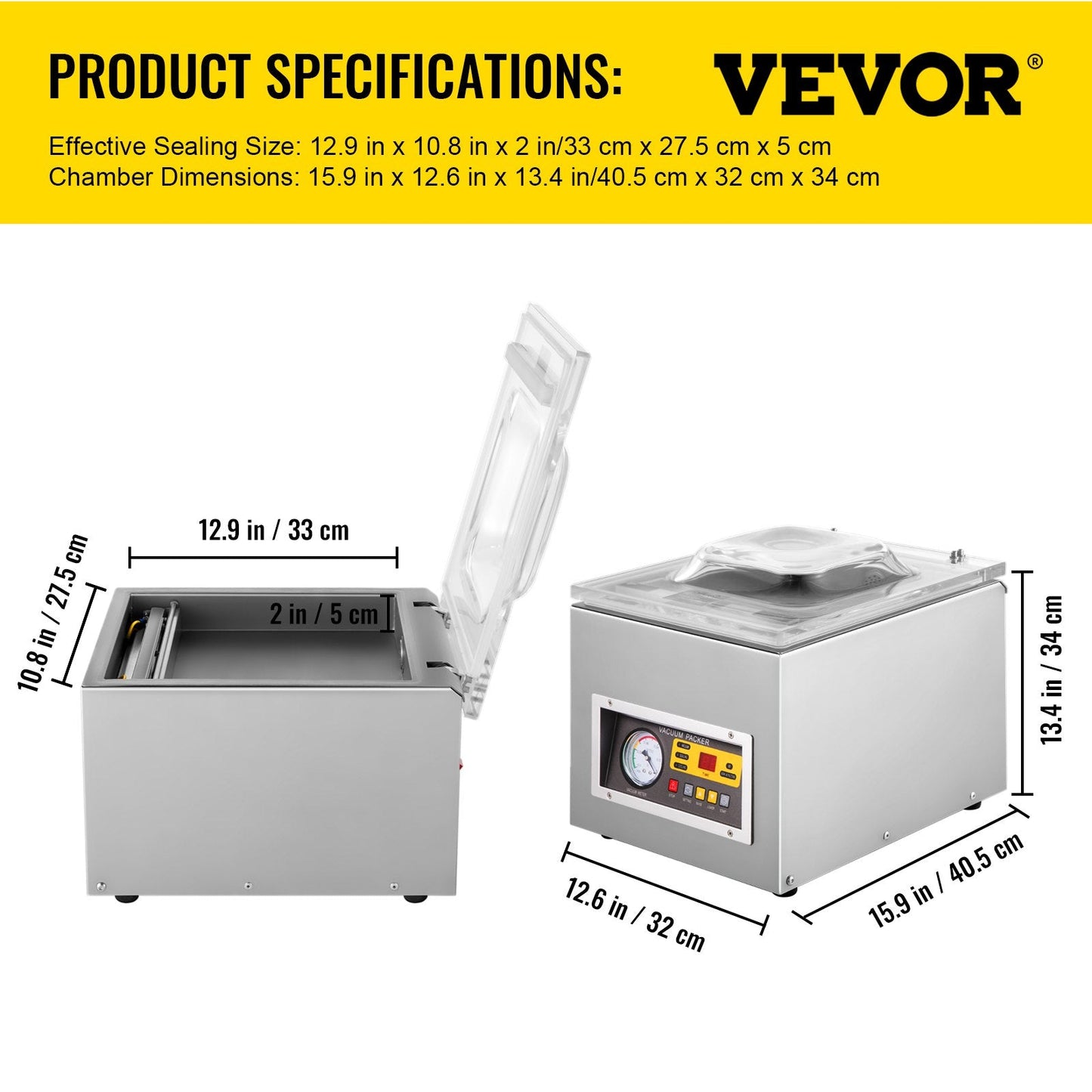 Commercial Vacuum Chamber Sealer, 120W, 0.26m Sealing Bar, Stainless Steel