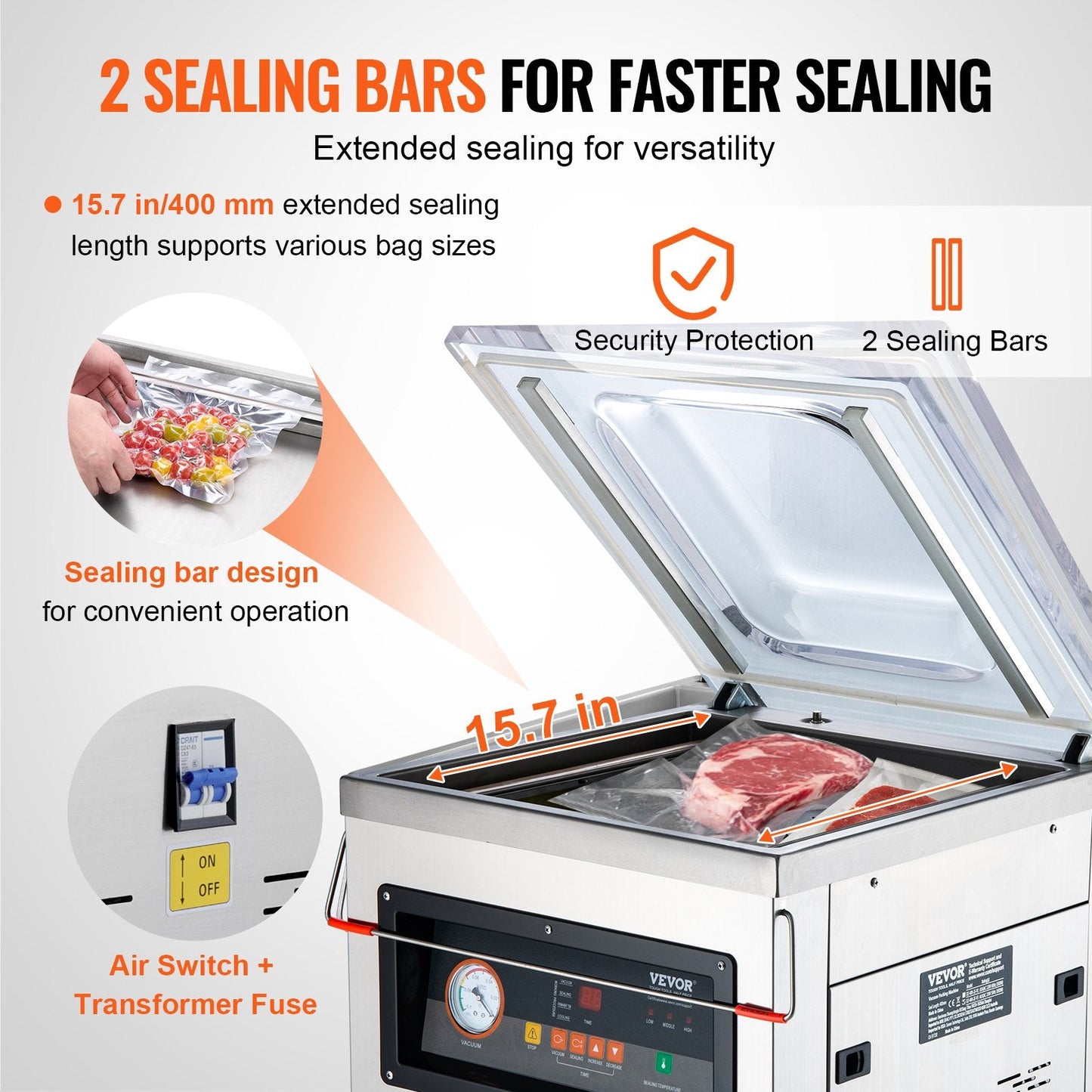Automatic Vacuum Sealer Machine, 220V, 44x42x7.5 cm Chamber, 66 kg Stainless Steel