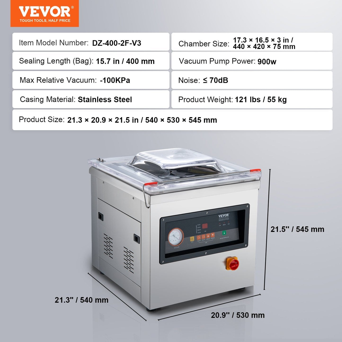Automatic Vacuum Sealer Machine, 220V, 44x42x7.5 cm Chamber, 66 kg Stainless Steel