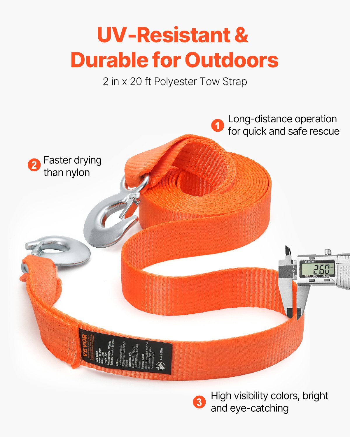 ATV Tow Strap with Hooks, 50.8 mm x 6.1 m, 7711 kg Capacity, Durable Recovery Rope with Security Hooks for Trucks and Vehicles, Essential Towing Accessory for Roadside Assistance