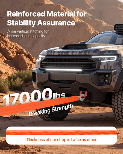 ATV Tow Strap with Hooks, 50.8 mm x 6.1 m, 7711 kg Capacity, Durable Recovery Rope with Security Hooks for Trucks and Vehicles, Essential Towing Accessory for Roadside Assistance