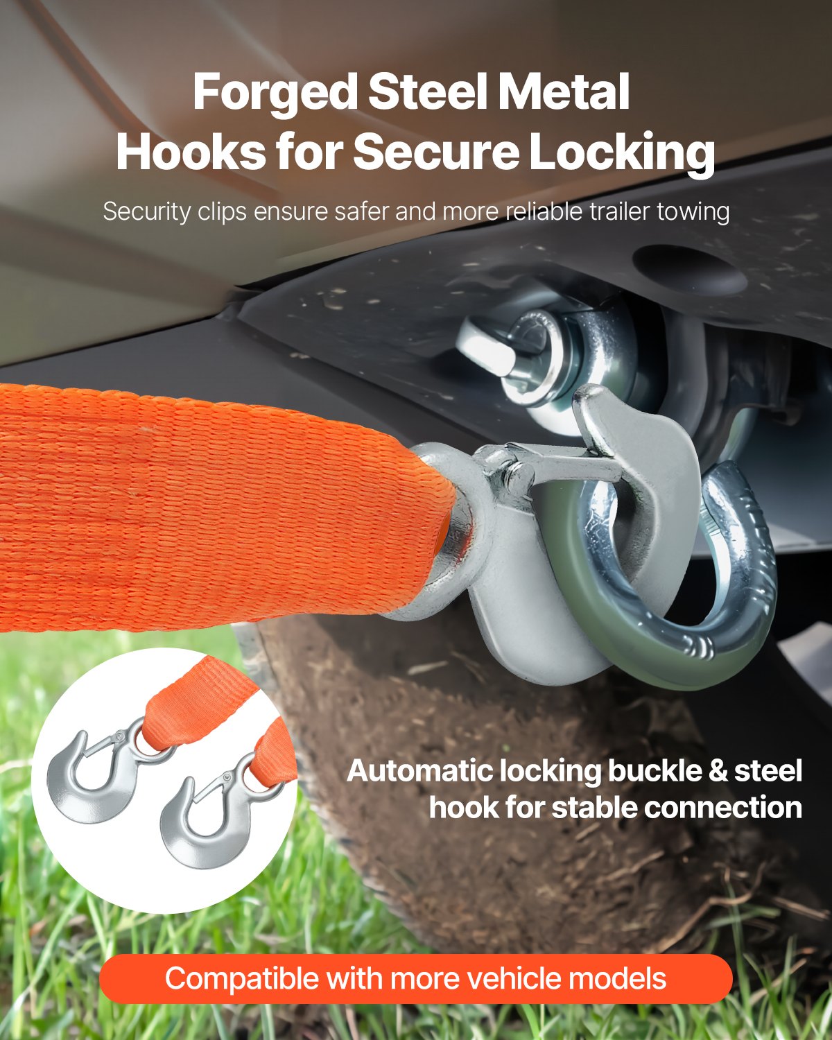 ATV Tow Strap with Hooks, 50.8 mm x 6.1 m, 7711 kg Capacity, Durable Recovery Rope with Security Hooks for Trucks and Vehicles, Essential Towing Accessory for Roadside Assistance