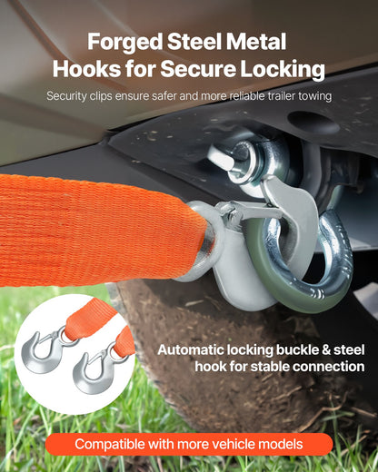 ATV Tow Strap with Hooks, 50.8 mm x 6.1 m, 7711 kg Capacity, Durable Recovery Rope with Security Hooks for Trucks and Vehicles, Essential Towing Accessory for Roadside Assistance