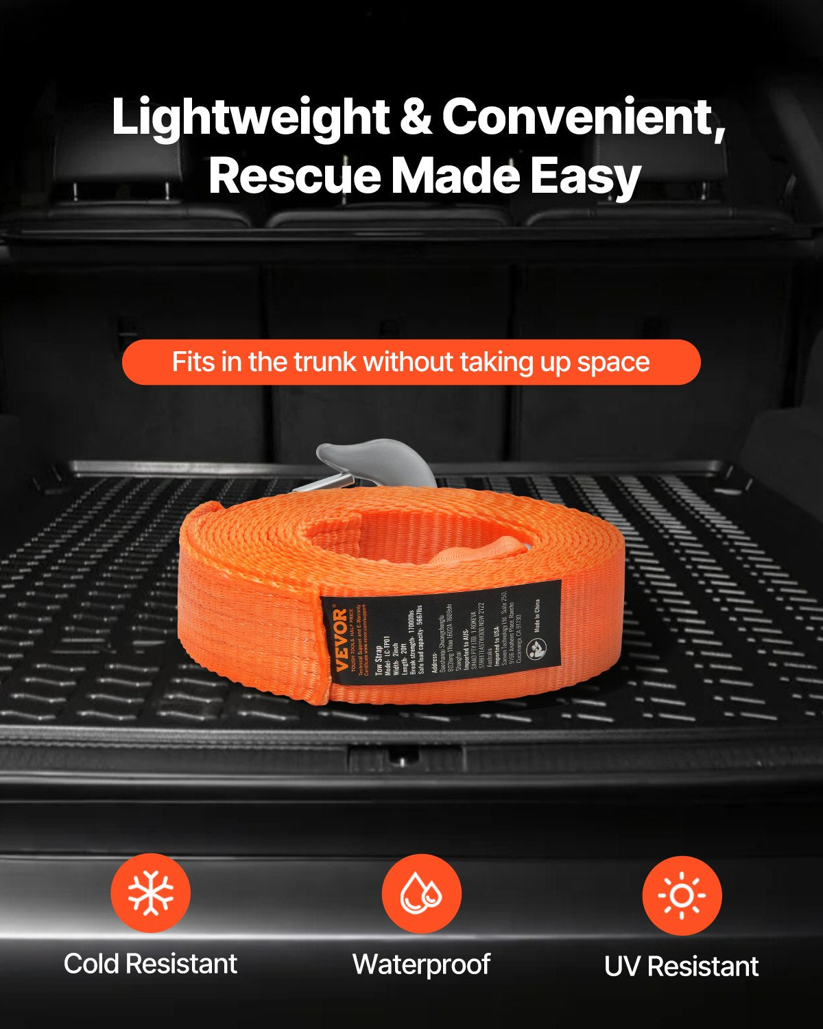 ATV Tow Strap with Hooks, 50.8 mm x 6.1 m, 7711 kg Capacity, Durable Recovery Rope with Security Hooks for Trucks and Vehicles, Essential Towing Accessory for Roadside Assistance