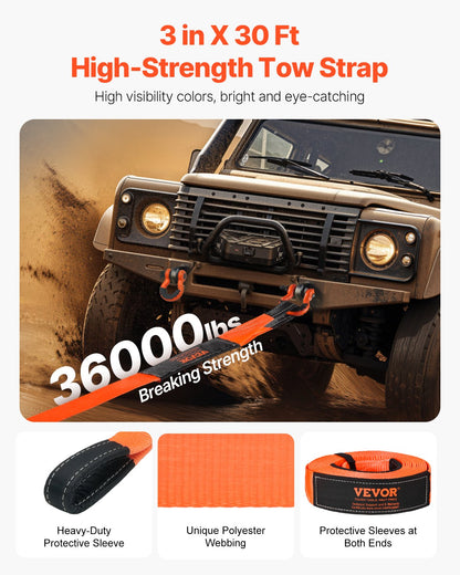 Heavy Duty Tow Strap Recovery Kit 76.2 mm x 9.1 m (MBS-16329 kg) Tree Saver Winch Strap, Triple Reinforced Loop & Protective Sleeves & Storage Bag, 19 mm D-Ring Shackles, for Truck Jeep SUV ATV