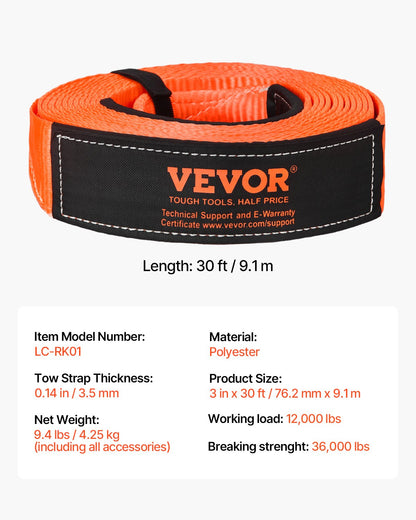 Heavy Duty Tow Strap Recovery Kit 76.2 mm x 9.1 m (MBS-16329 kg) Tree Saver Winch Strap, Triple Reinforced Loop & Protective Sleeves & Storage Bag, 19 mm D-Ring Shackles, for Truck Jeep SUV ATV