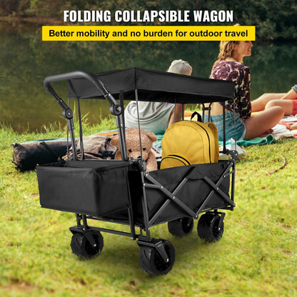 Collapsible Garden Wagon with Shade, All-Terrain Wheels, 100 kg Capacity, Black