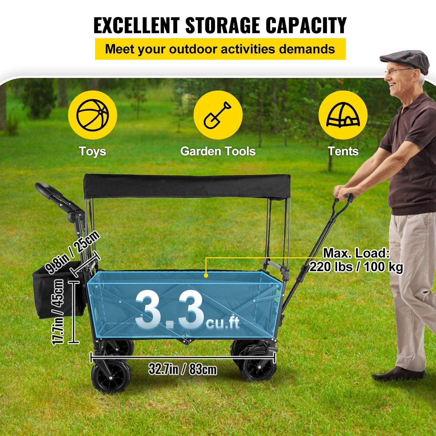 Collapsible Garden Wagon with Shade, All-Terrain Wheels, 100 kg Capacity, Black