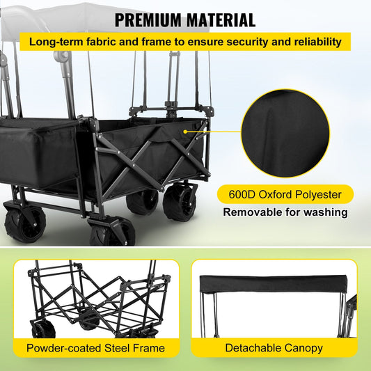 Collapsible Garden Wagon with Shade, All-Terrain Wheels, 100 kg Capacity, Black