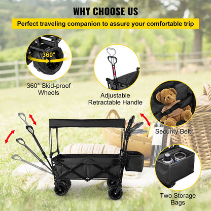 Collapsible Garden Wagon with Shade, All-Terrain Wheels, 100 kg Capacity, Black