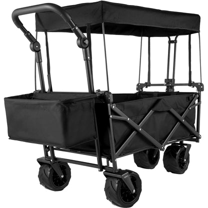 Collapsible Garden Wagon with Shade, All-Terrain Wheels, 100 kg Capacity, Black