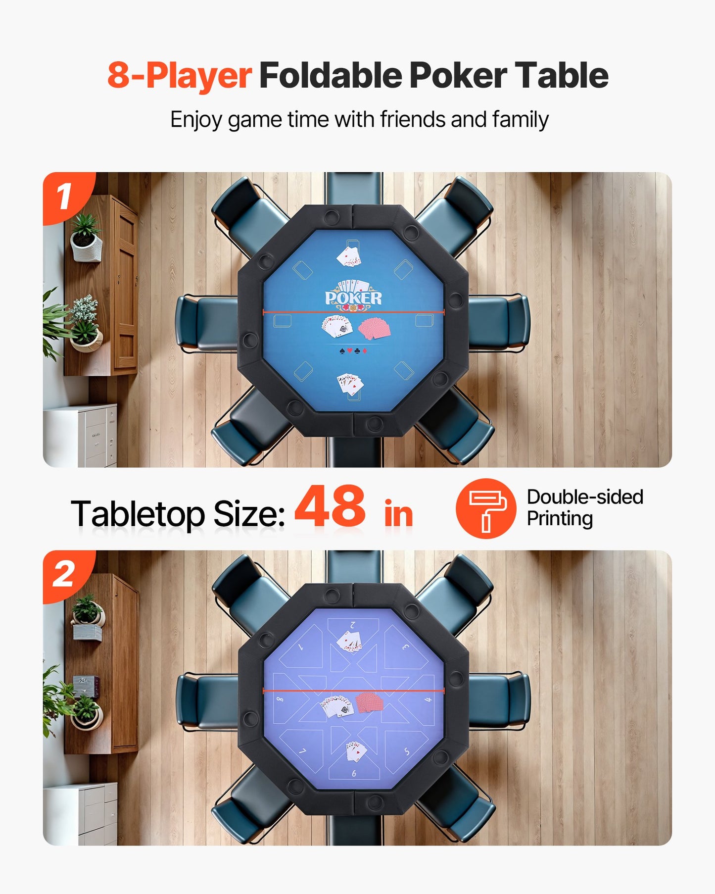 Foldable Poker Table, 8 Player 1220 mm Folding Casino Leisure Table with Padded Rails & Cup Holders, Octagonal Portable Game Tables with Felt & Metal Legs, for Texas Hold'em Game and Blackjack