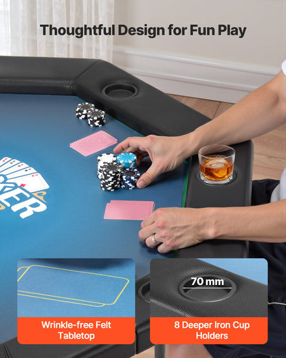 Foldable Poker Table, 8 Player 1220 mm Folding Casino Leisure Table with Padded Rails & Cup Holders, Octagonal Portable Game Tables with Felt & Metal Legs, for Texas Hold'em Game and Blackjack