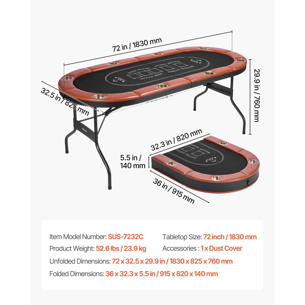 1828.8 mm Folding Poker Table Foldable 8 Player Casino Texas Holdem Table