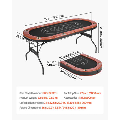 1828.8 mm Folding Poker Table Foldable 8 Player Casino Texas Holdem Table