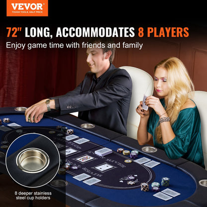 8-Player Foldable Poker Table with Padded Rails, 183cm Casino Blue