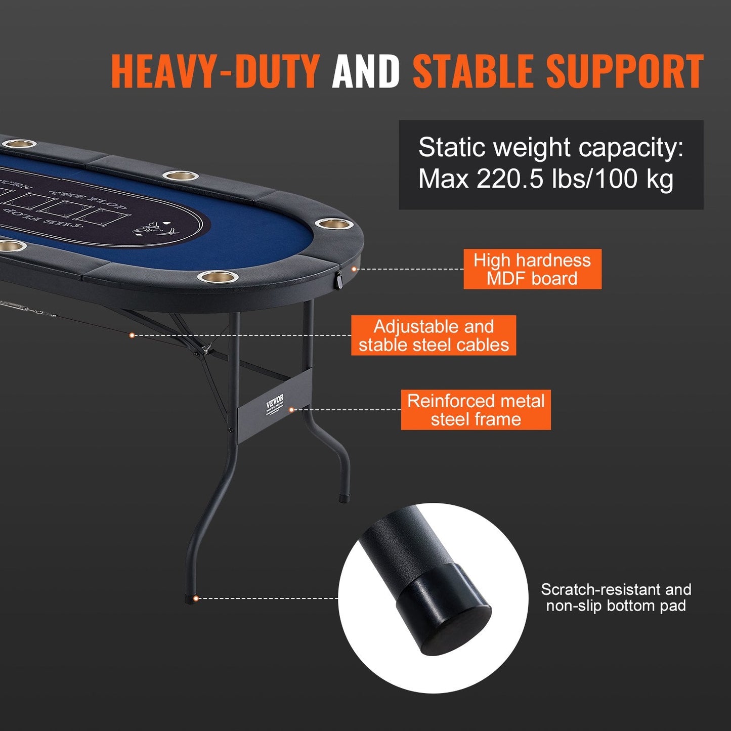 8-Player Foldable Poker Table with Padded Rails, 183cm Casino Blue