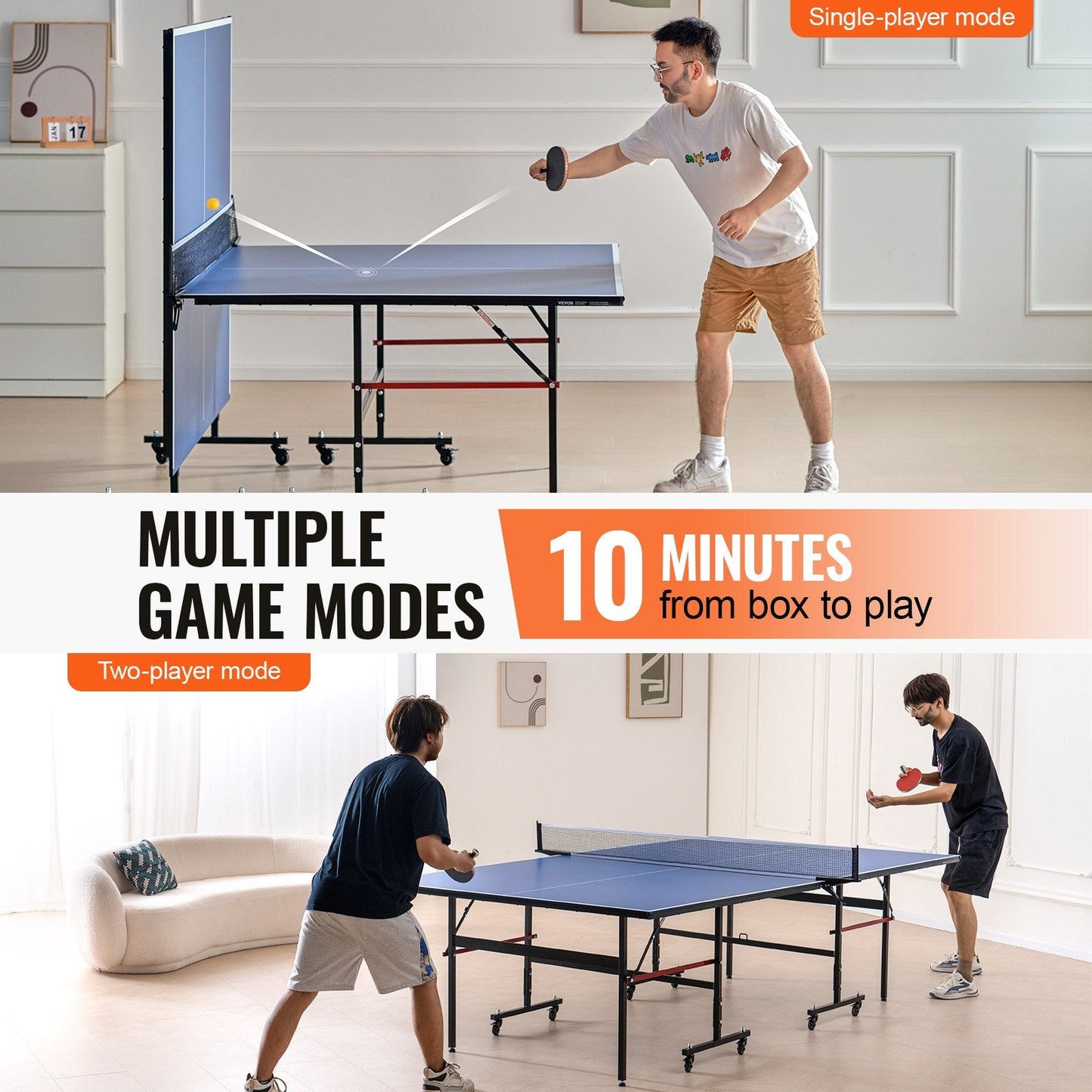 Foldable Indoor Table Tennis with Clamp Net, 2.74x1.52x0.76m, 54kg, Easy Setup