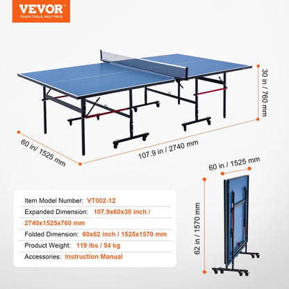 Foldable Indoor Table Tennis with Clamp Net, 2.74x1.52x0.76m, 54kg, Easy Setup