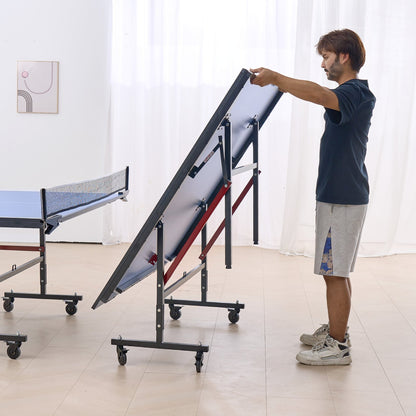 Ping Pong Table, Professional Table Tennis Game, Indoor MDF Portable Table Tennis Table, Foldable Ping Pong Table with Quick Clamp Net and Lockable Wheels, 10 Minute Easy Assembly, 18mm Tabletops