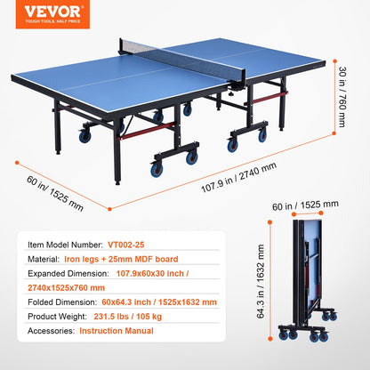 Ping Pong Table, Professional Table Tennis Game, Indoor MDF Portable Table Tennis Table, Foldable Ping Pong Table with Quick Clamp Net and Lockable Wheel, 10 Minute Easy Assembly, 25mm Tabletops