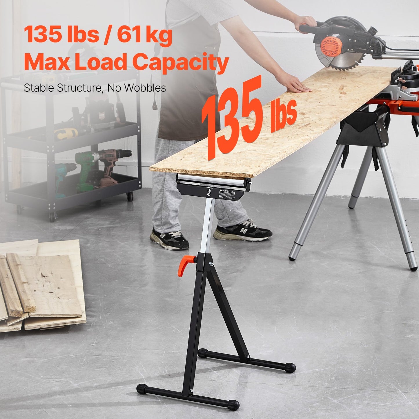 2-Pack Roller Stands, 61 kg Load Capacity, 680-1079.5 mm Adjustable Height, Folding Heavy Duty with Polished Steel Roller Head & Edge Guides, for Table Saw Outfeed Woodworking Extension Support