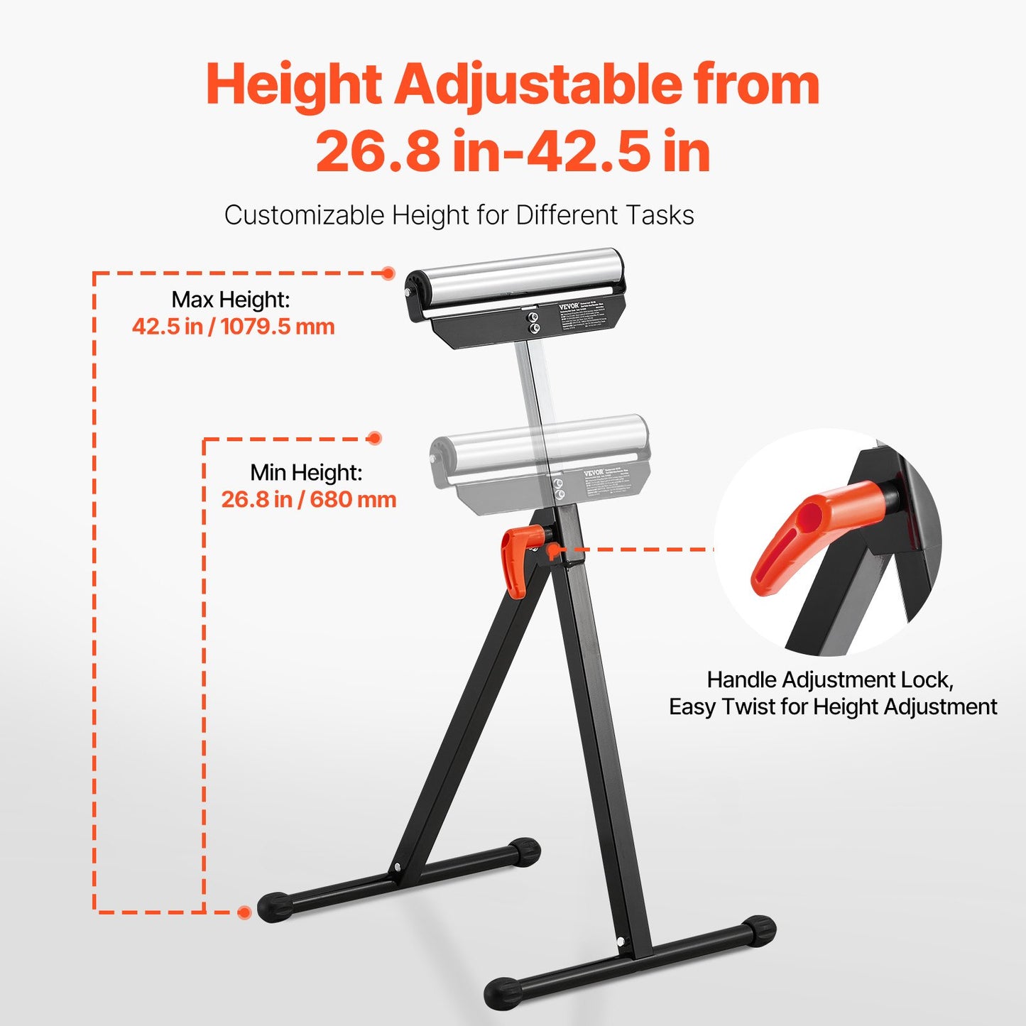 2-Pack Roller Stands, 61 kg Load Capacity, 680-1079.5 mm Adjustable Height, Folding Heavy Duty with Polished Steel Roller Head & Edge Guides, for Table Saw Outfeed Woodworking Extension Support