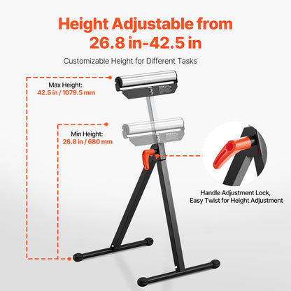 2-Pack Roller Stands, 61 kg Load Capacity, 680-1079.5 mm Adjustable Height, Folding Heavy Duty with Polished Steel Roller Head & Edge Guides, for Table Saw Outfeed Woodworking Extension Support