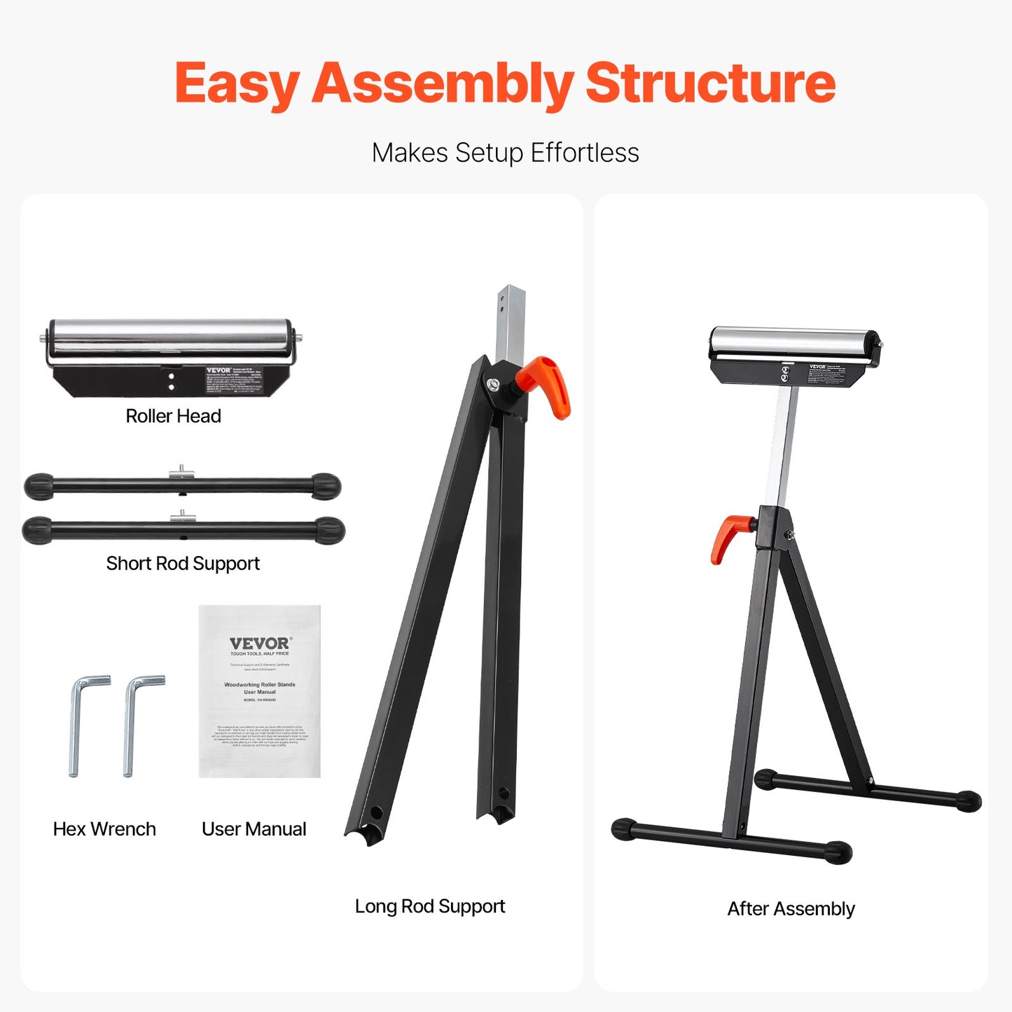 2-Pack Roller Stands, 61 kg Load Capacity, 680-1079.5 mm Adjustable Height, Folding Heavy Duty with Polished Steel Roller Head & Edge Guides, for Table Saw Outfeed Woodworking Extension Support
