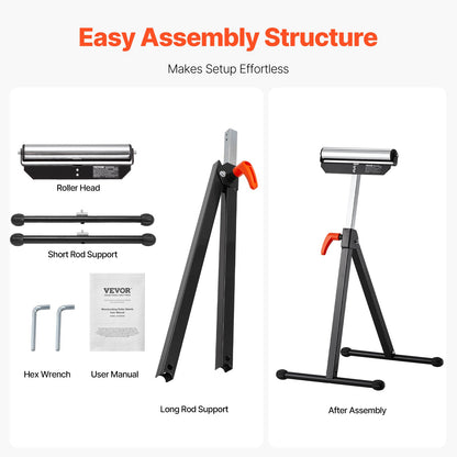 2-Pack Roller Stands, 61 kg Load Capacity, 680-1079.5 mm Adjustable Height, Folding Heavy Duty with Polished Steel Roller Head & Edge Guides, for Table Saw Outfeed Woodworking Extension Support