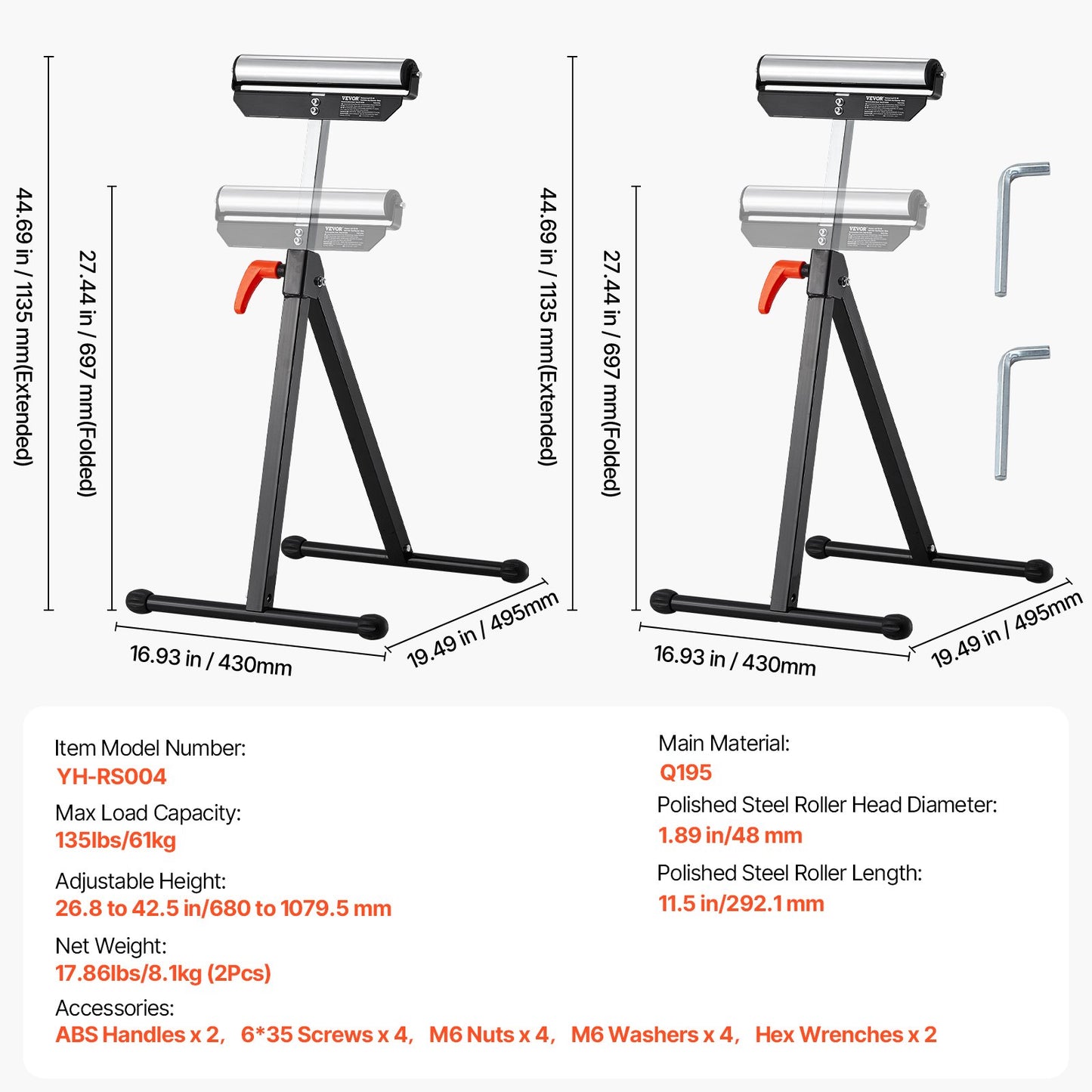 2-Pack Roller Stands, 61 kg Load Capacity, 680-1079.5 mm Adjustable Height, Folding Heavy Duty with Polished Steel Roller Head & Edge Guides, for Table Saw Outfeed Woodworking Extension Support